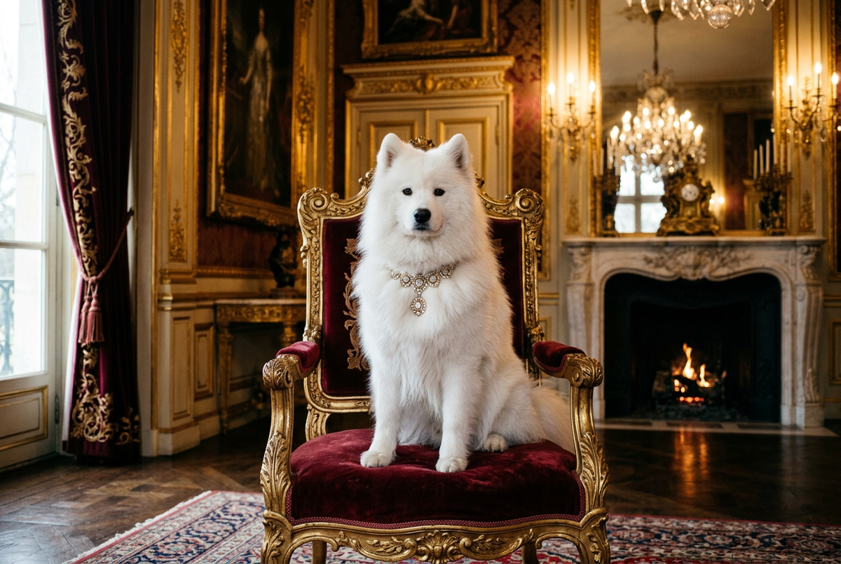 Majestic Dog on Velvet Throne